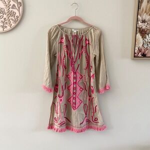 Debbie Katz South Beach Embroidered Tunic Dress Tan Pink Fringe Boho Womens S